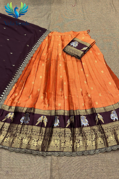 Traditional Orange Kanjivaram Silk Lehenga With Elephant Zari Border, Blouse & Wine Dupatta - VHL014