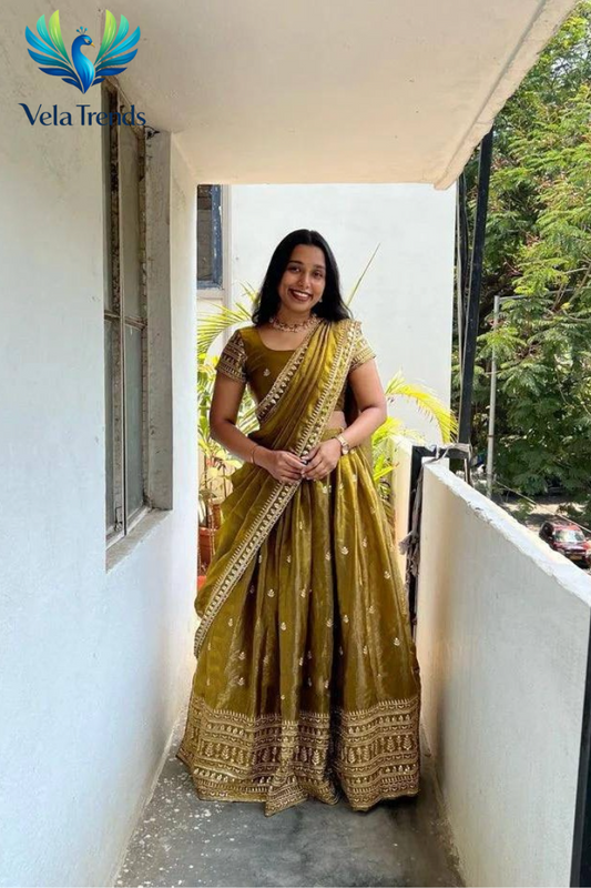Glass Tissue Silk Gold Zari Embroidered Half Saree Lehenga With Blouse Along With Embroidery Duppta - VHL001