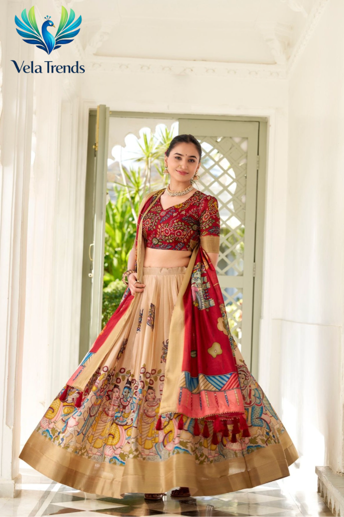 Designer Red Kalamkari Print Lehenga Choli With Rich Golden Border - VHL017