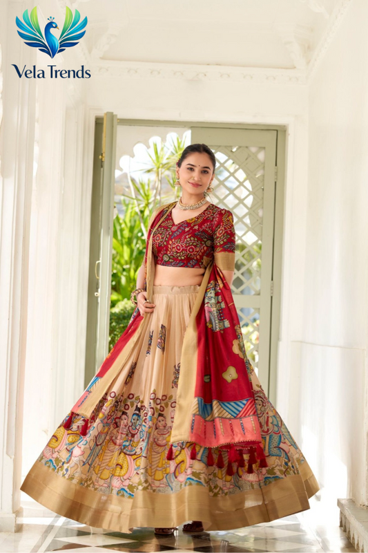 Designer Red Kalamkari Print Lehenga Choli With Rich Golden Border - VHL017