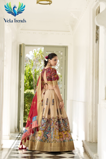 Designer Red Kalamkari Print Lehenga Choli With Rich Golden Border - VHL017