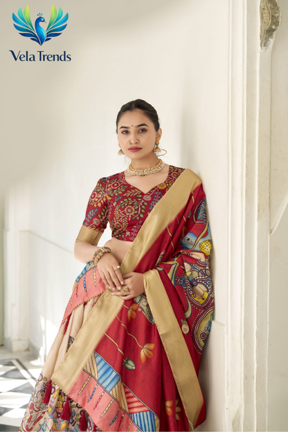 Designer Red Kalamkari Print Lehenga Choli With Rich Golden Border - VHL017