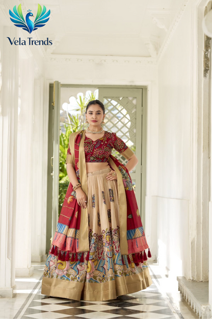 Designer Red Kalamkari Print Lehenga Choli With Rich Golden Border - VHL017