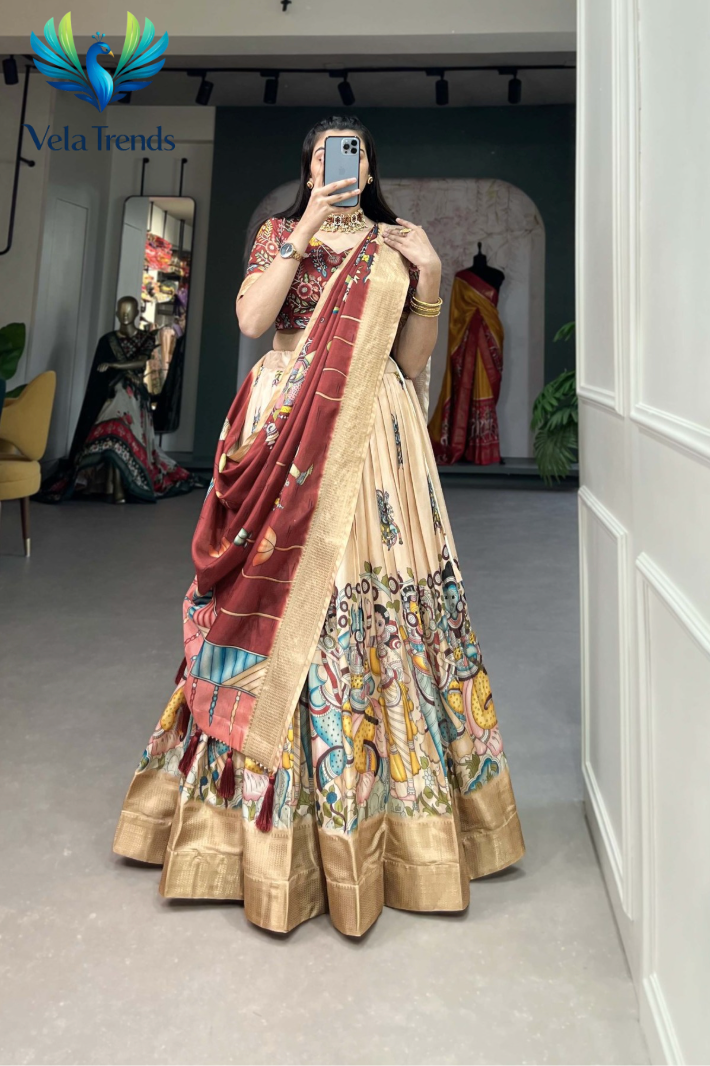 Designer Red Kalamkari Print Lehenga Choli With Rich Golden Border - VHL017