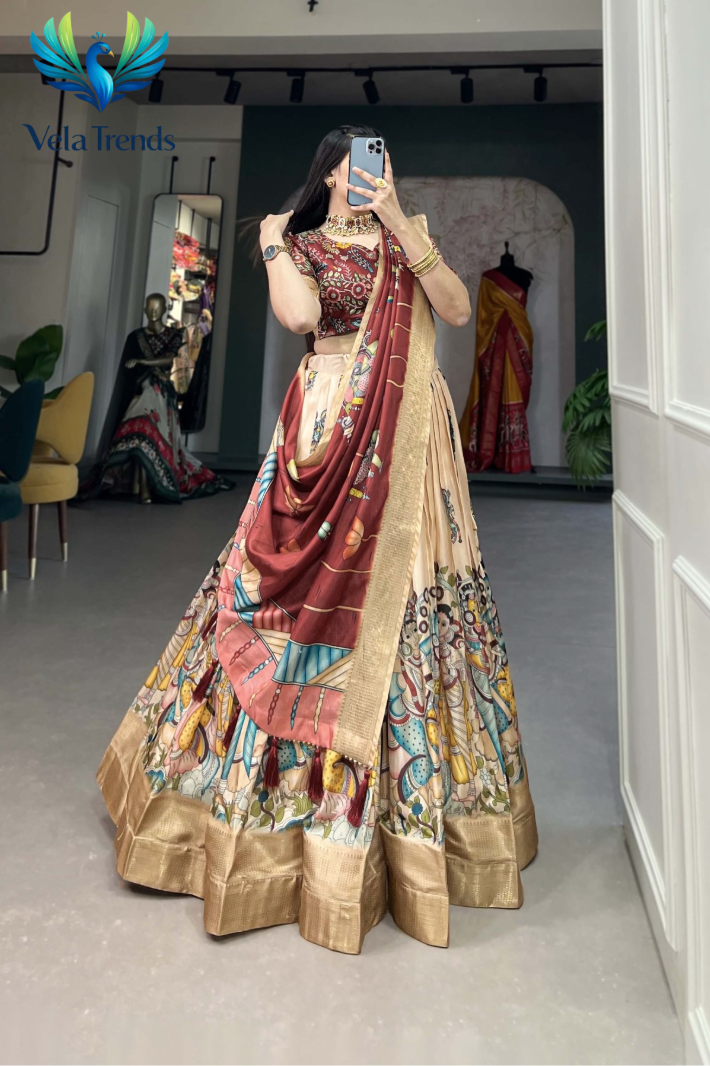 Designer Red Kalamkari Print Lehenga Choli With Rich Golden Border - VHL017