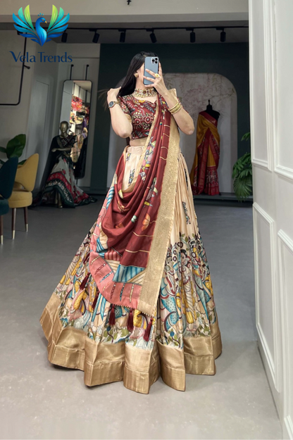Designer Red Kalamkari Print Lehenga Choli With Rich Golden Border - VHL017
