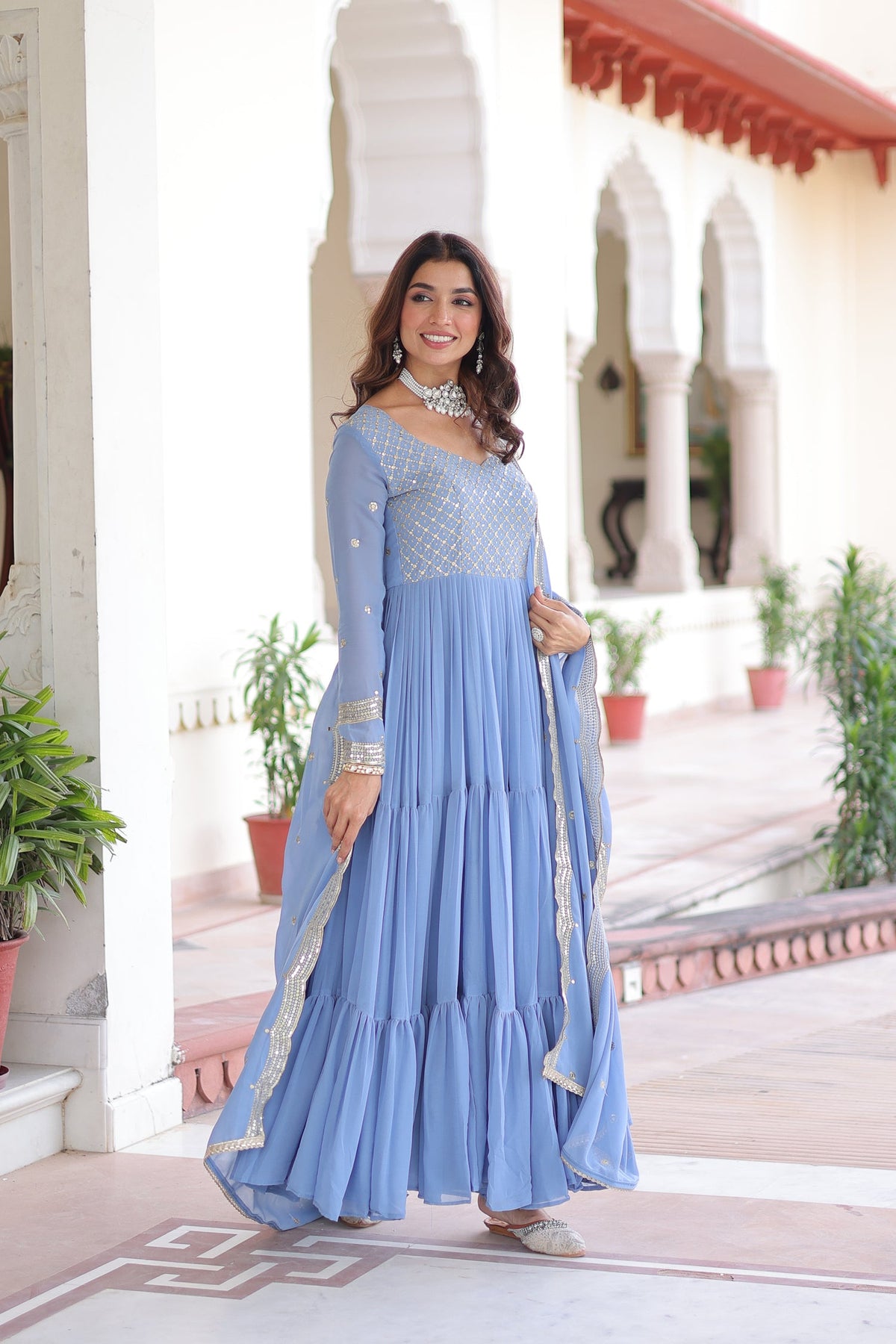 Lorenvalley Fashion Skyblue Faux Georgette with Zari & Sequins Embroidered Work Anarkali Gown with Dupatta