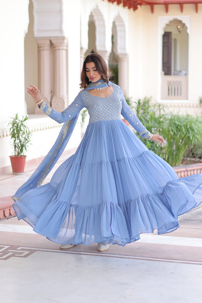 Lorenvalley Fashion Skyblue Faux Georgette with Zari & Sequins Embroidered Work Anarkali Gown with Dupatta