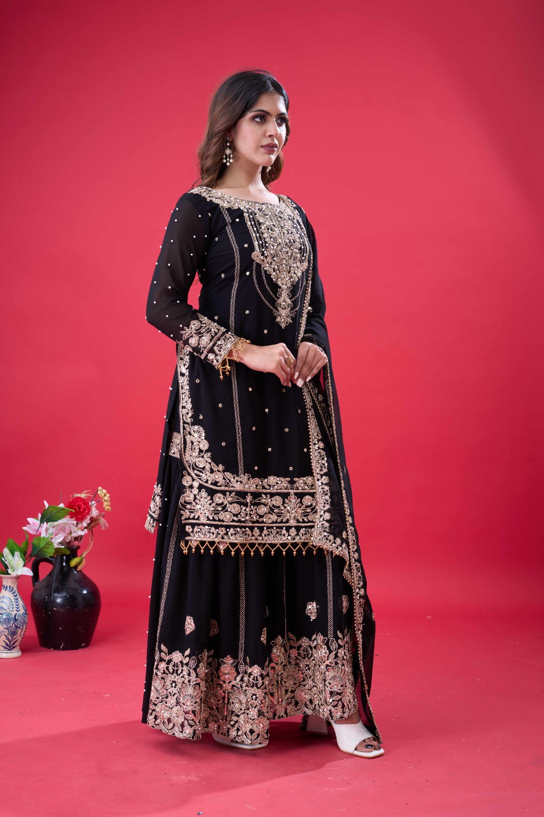 Prazu Fashion Black Georgette Embroidered Rivet Moti Work Palazzo Suit