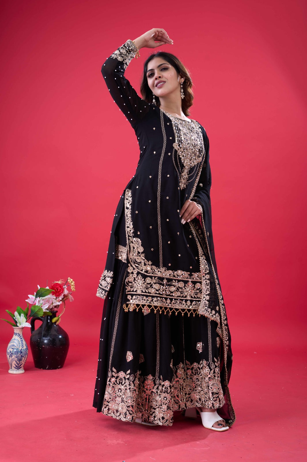 Prazu Fashion Black Georgette Embroidered Rivet Moti Work Palazzo Suit