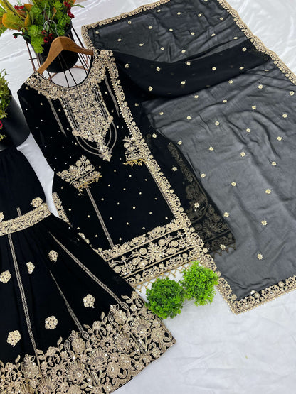 Prazu Fashion Black Georgette Embroidered Rivet Moti Work Palazzo Suit