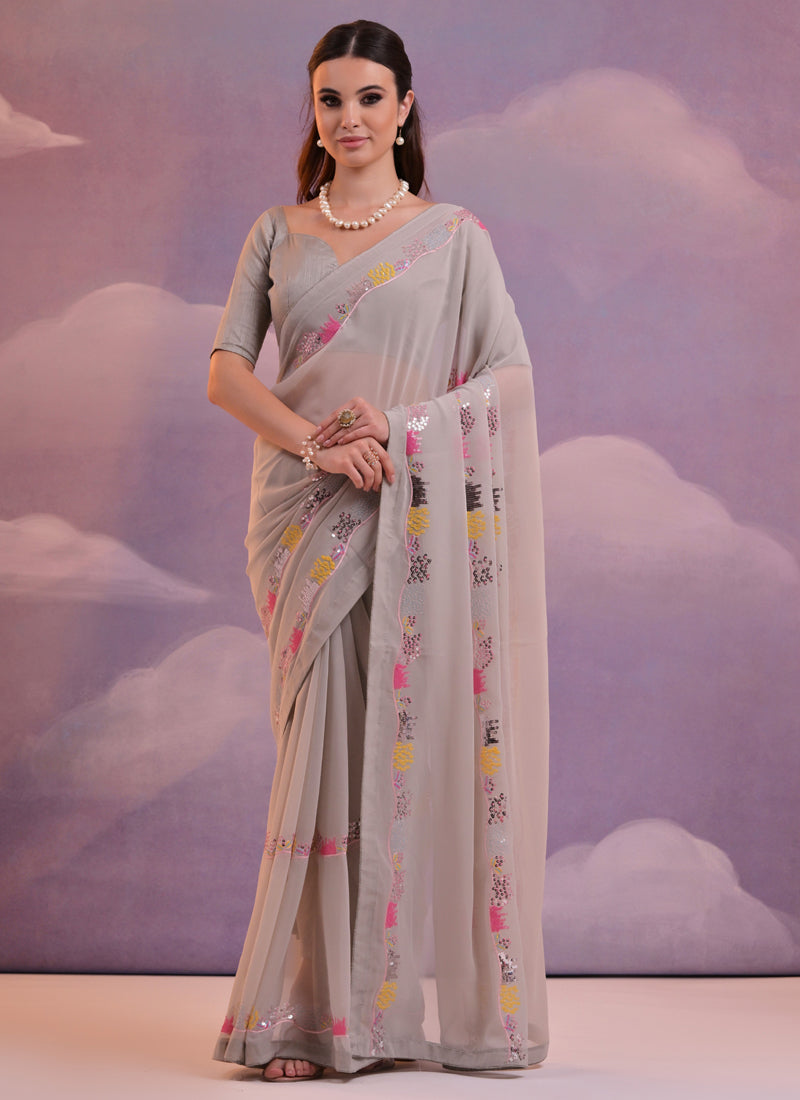 Vegaa Fashion Beige Soft Georgette Sequence Work Saree
