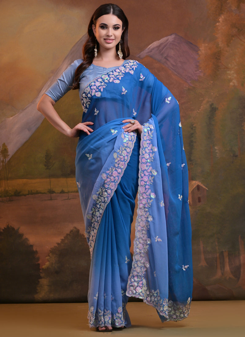 Vegaa Fashion Royal Blue Soft Georgette Sequence Work Saree