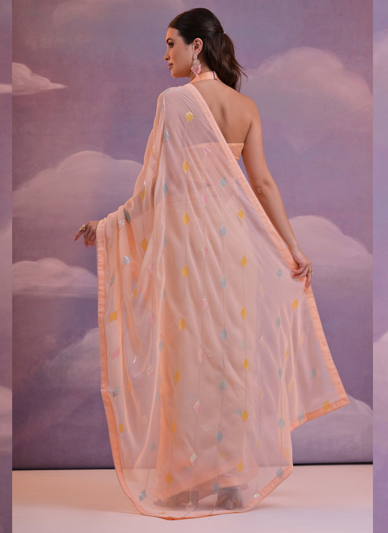Vegaa Fashion Light Peach Soft Georgette Sequence Work Saree