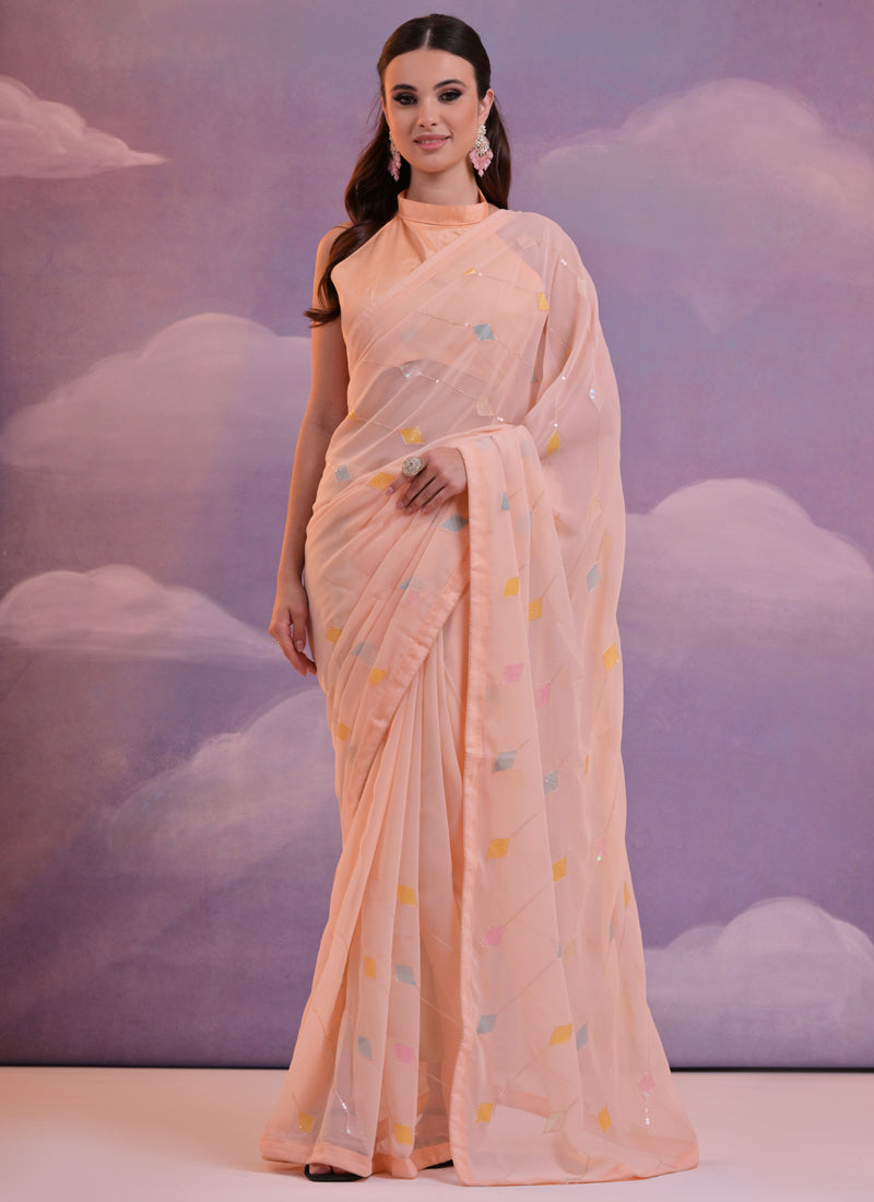 Vegaa Fashion Light Peach Soft Georgette Sequence Work Saree