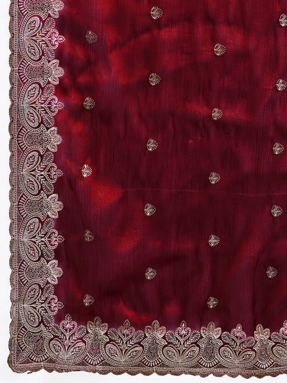 Dwija Fashion Maroon Party Wear Embroidered Jimmy Choo Organza Saree With Unstitched Blouse