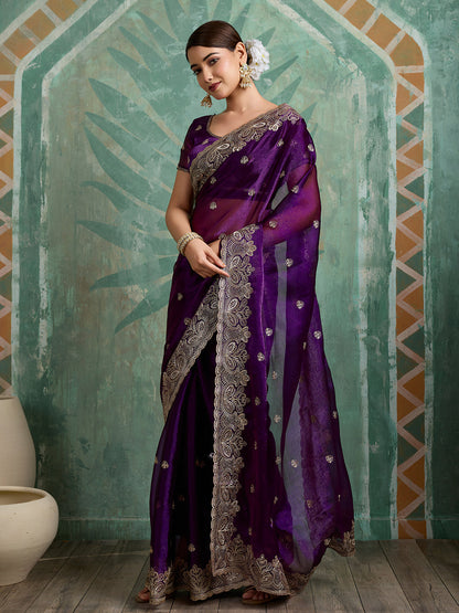 Dwija Fashion Purple Party Wear Embroidered Jimmy Choo Organza Saree With Unstitched Blouse