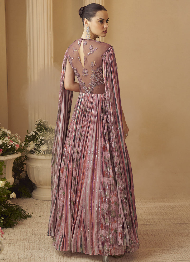 Vegaa Fashion Onion Pink Chinon Silk Embroidered Trendy Wedding Look Stylish Gown