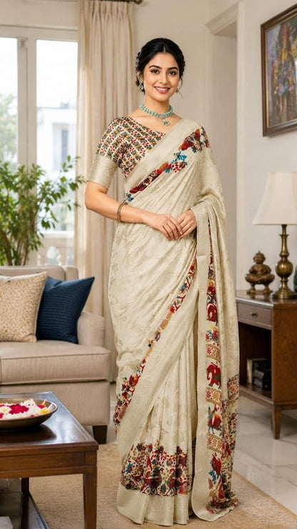Fabric-Saree- Soft Dola Cotton silk Saree with print blouse - VSB061