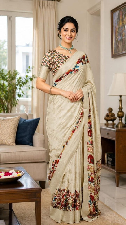 Fabric-Saree- Soft Dola Cotton silk Saree with print blouse - VSB061