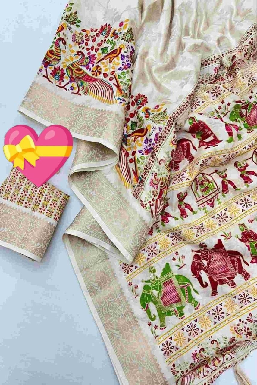 Fabric-Saree- Soft Dola Cotton silk Saree with print blouse - VSB061