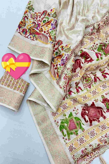 Fabric-Saree- Soft Dola Cotton silk Saree with print blouse - VSB061