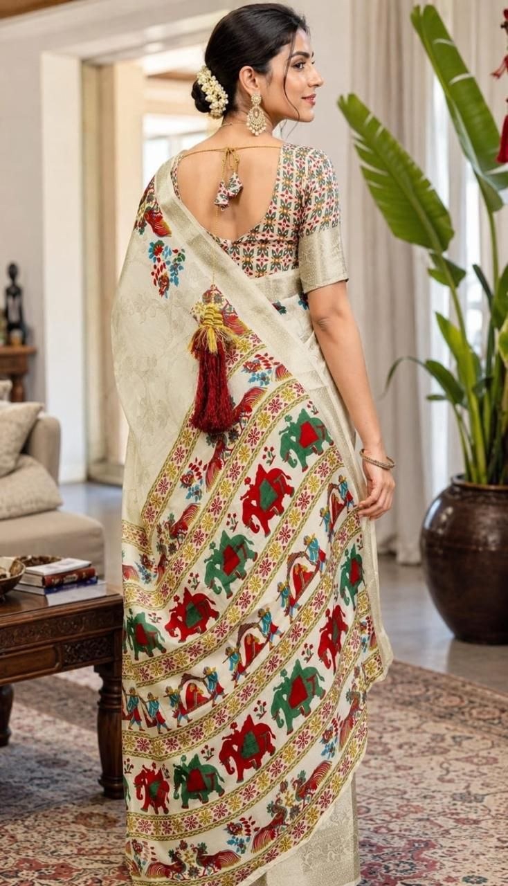 Fabric-Saree- Soft Dola Cotton silk Saree with print blouse - VSB061
