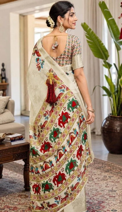 Fabric-Saree- Soft Dola Cotton silk Saree with print blouse - VSB061