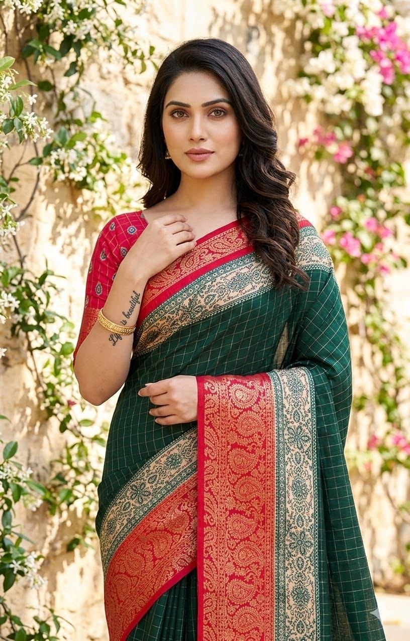 Fabric-Saree- Soft Dola Cotton silk Saree with print blouse - VSB060