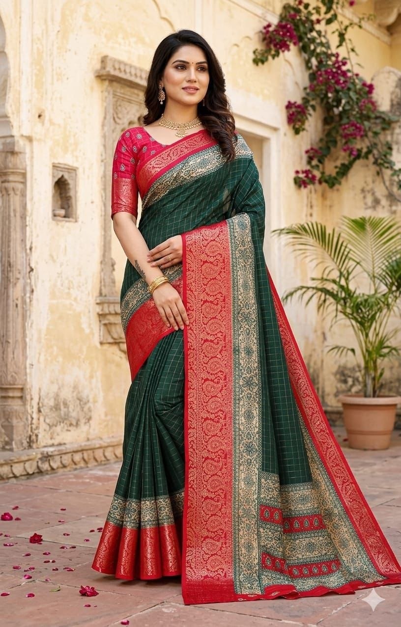 Fabric-Saree- Soft Dola Cotton silk Saree with print blouse - VSB060