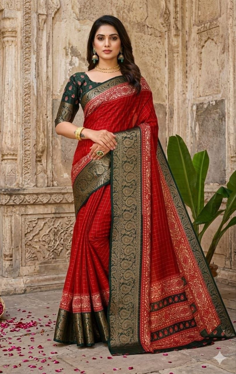 Fabric-Saree- Soft Dola Cotton silk Saree with print blouse - VSB060