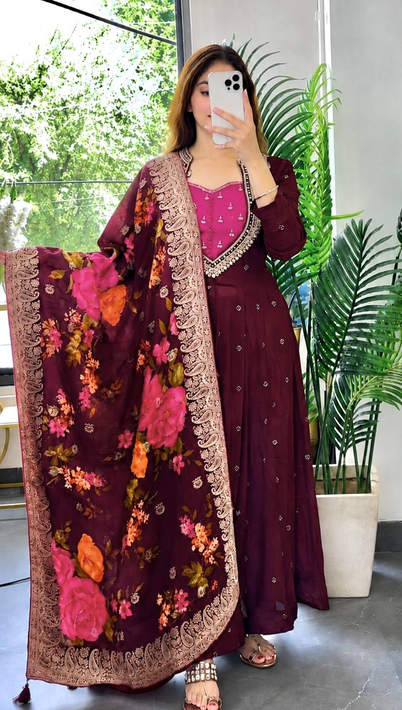 PRESERNTING NEW FANCY EMBROIDERY SEQUENCE WITH CODING WORK ANARKALI GOWN-PENT WITH BEAUTIFUL JACQUARD WEAVING DIGITAL PRINTED DUPATTA - VK0031