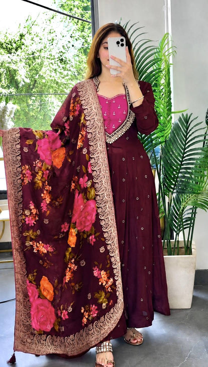 PRESERNTING NEW FANCY EMBROIDERY SEQUENCE WITH CODING WORK ANARKALI GOWN-PENT WITH BEAUTIFUL JACQUARD WEAVING DIGITAL PRINTED DUPATTA - VK0031