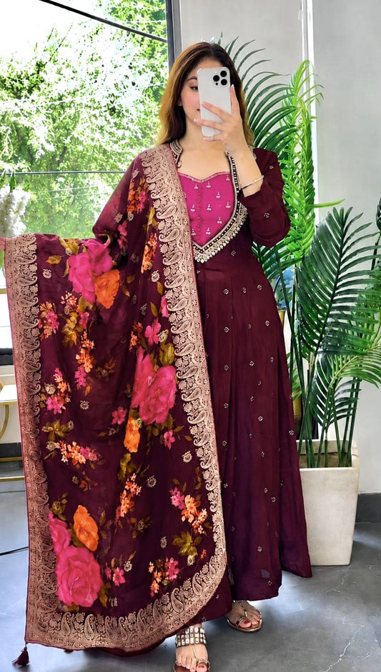 PRESERNTING NEW FANCY EMBROIDERY SEQUENCE WITH CODING WORK ANARKALI GOWN-PENT WITH BEAUTIFUL JACQUARD WEAVING DIGITAL PRINTED DUPATTA - VK0031