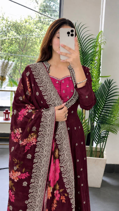 PRESERNTING NEW FANCY EMBROIDERY SEQUENCE WITH CODING WORK ANARKALI GOWN-PENT WITH BEAUTIFUL JACQUARD WEAVING DIGITAL PRINTED DUPATTA - VK0031