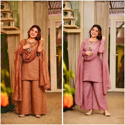 LAUNCHING NEW VIRAL PARTY WEAR & FESTIVAL LOOK HEAVY PURE SALSA CRUSH FANCY TOP-PLAZZO WITH PRETTY DEPATTA SET🧶-  VK0029