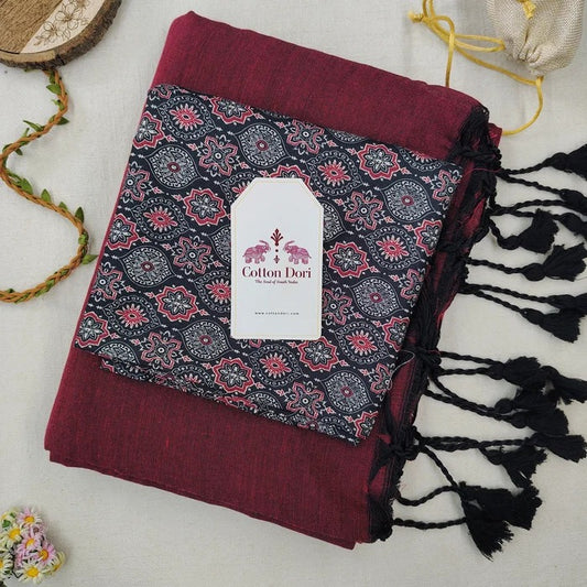 Heritage Handloom Cotton & Rich Maroon Saree with Kalamkari Blouse - VSB062