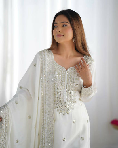 Joban Fashion White Kurta Set Silk Sequins , Zari, Coding & Thread Embroidered work
