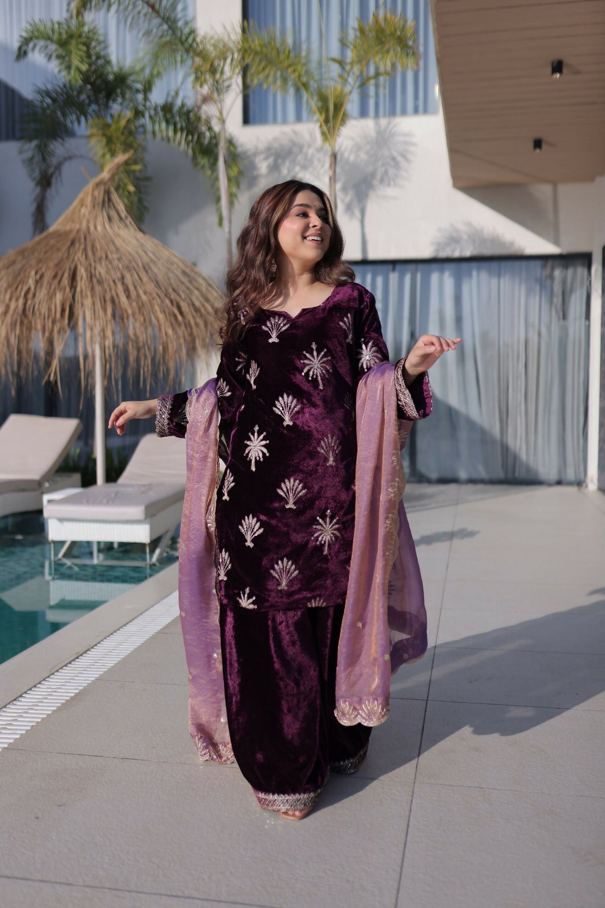 Joban Fashion Maroon Kurta Set Velvet Embroidery Sequence Work