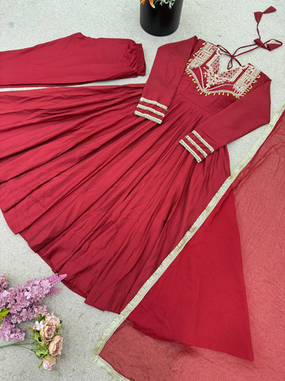 Prazu Fashion Red Roman Silk Coding Work Anarkali Suit