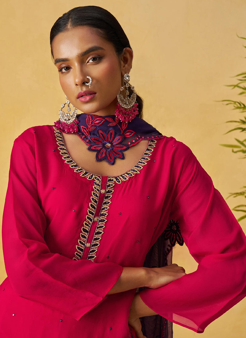 Vegaa Fashion Red Organza Embroidered And Handwork Palazzo Suit