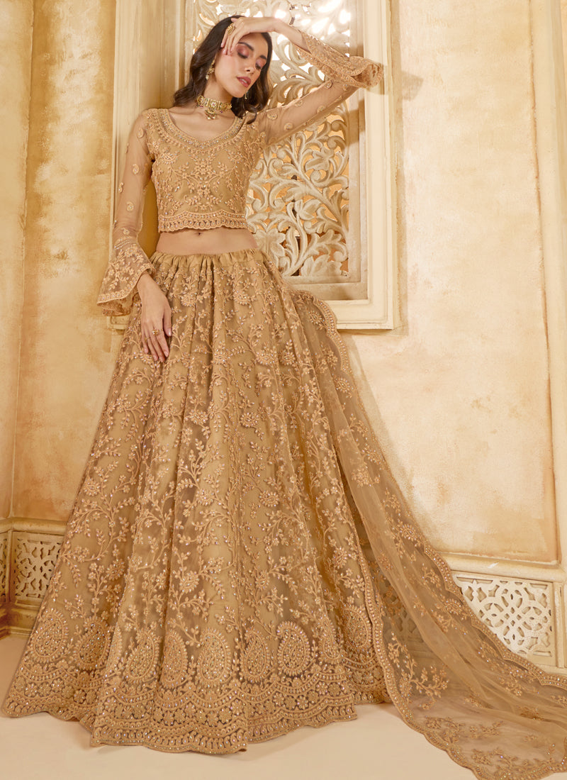 Vegaa Fashion Beige Net Thread Work Wedding Lehenga