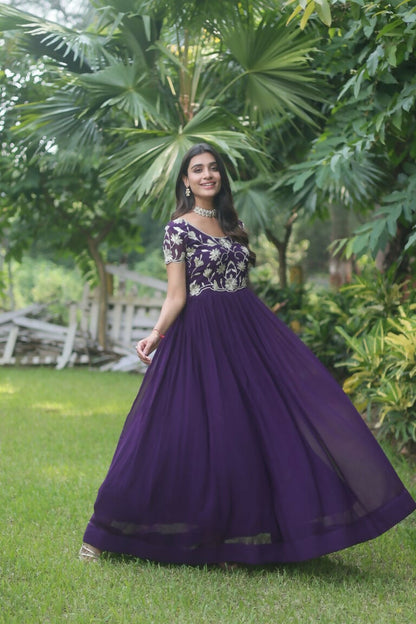 Jyoti Fashion Women's Purple Sequins Embroidered Faux Georgette Anarkali Dress