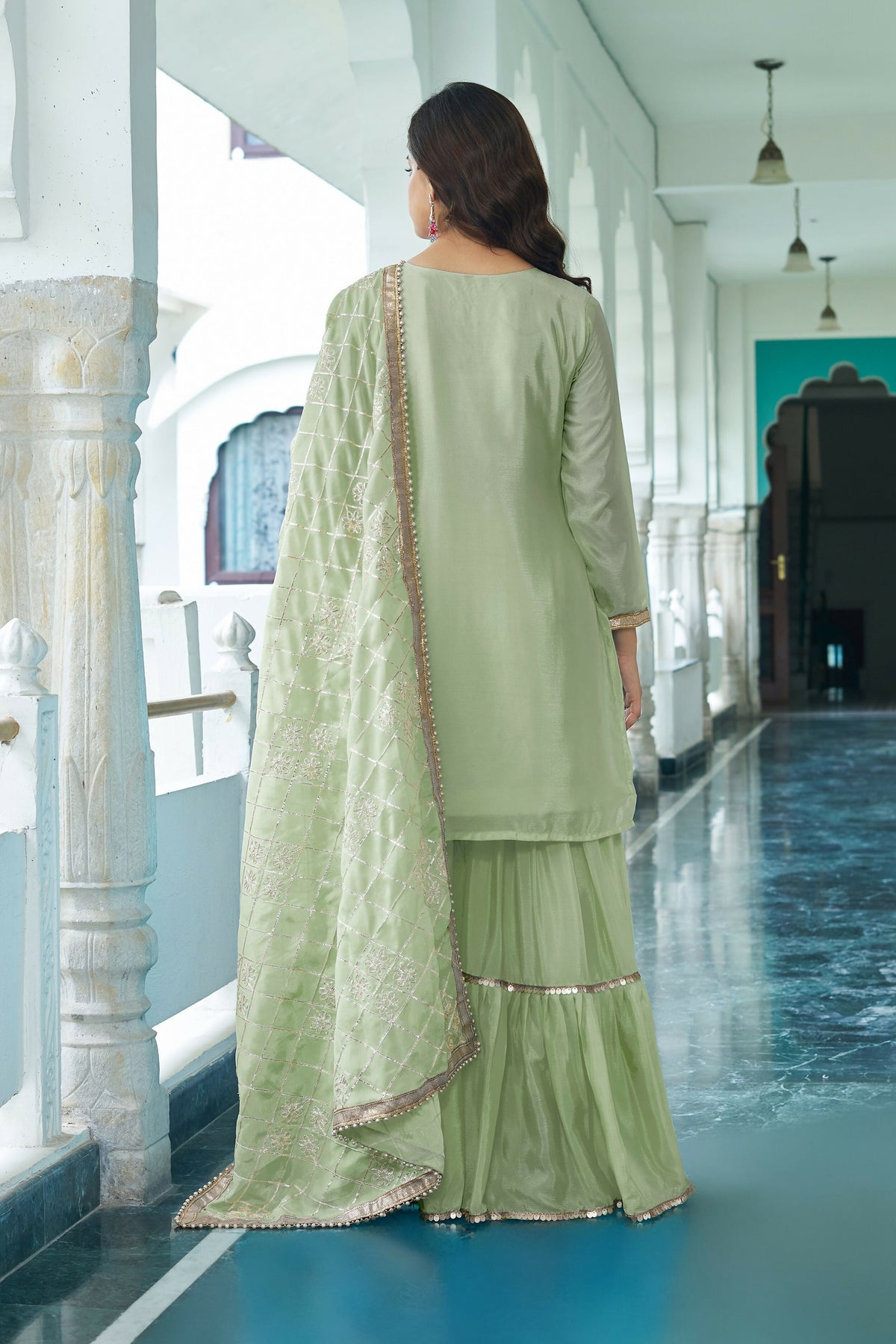 Joban Fashion Pista Chinon Silk Embroidery Sequence Work Readymade Kurta Set