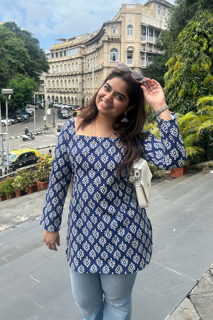 Indigo Jaipuri Print Kurti With Long Sleves
