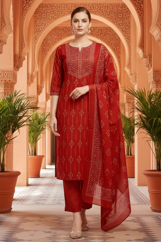 Rust Jaipuri Print Cotton 3 Piece Suit Set With Dupatta For Women