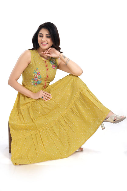 Yellow Flared Long Kurti With Embroidery Work