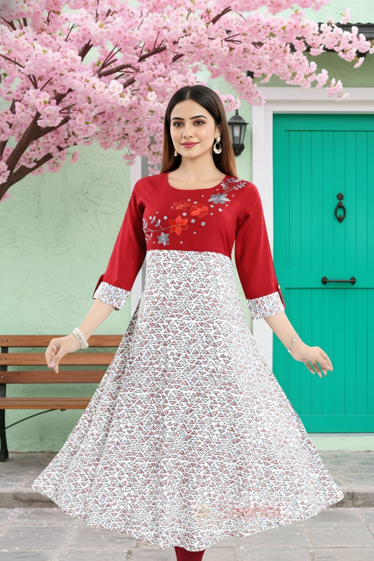Magnificent Maroon Rayon Printed Flared Long Tunic with Floral Embroidery