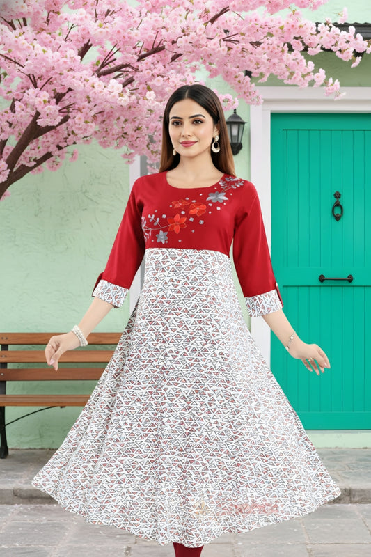 Magnificent Maroon Rayon Printed Flared Long Tunic with Floral Embroidery