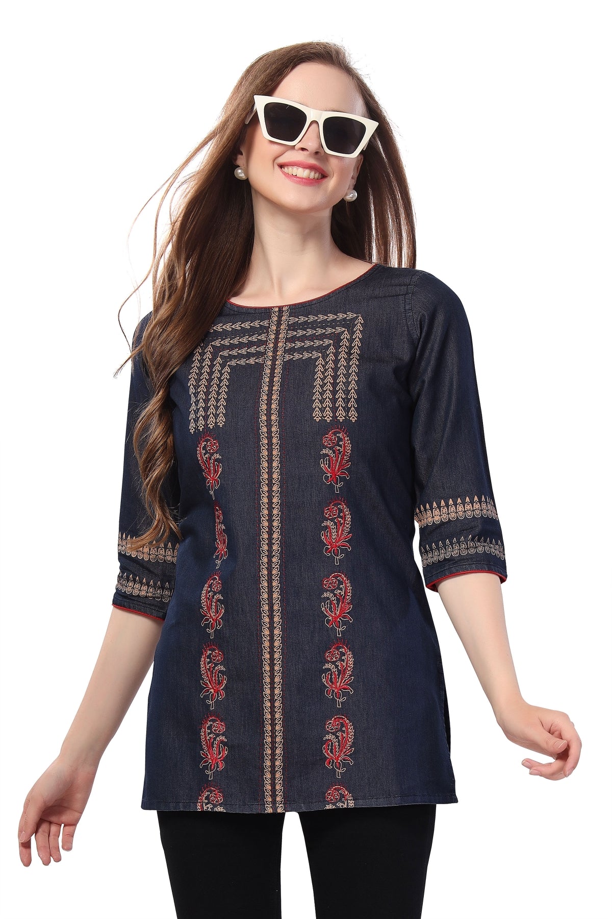 Denim Delight Short Tunic Featuring Color Wash Print and Thread Work
